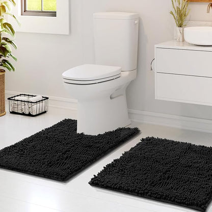 Hearth & Harbor Bathroom Rugs, Chenille Bath Mat - Machine Washable Bath Mats for Bathroom Non-Slip Backing Rubber, Quick Dry Bathroom Mat - Black 17x24-20x24
