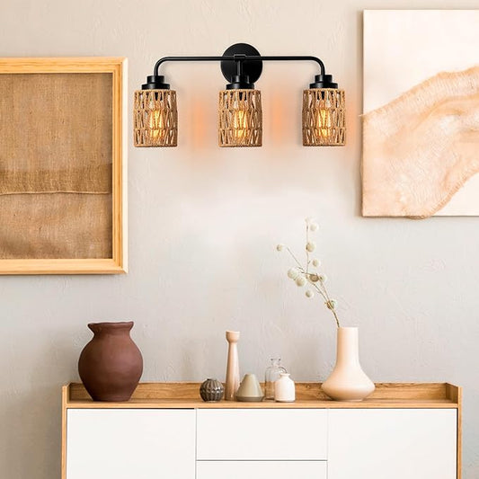 3-Light Bathroom Light Fixtures Vanity Lights Over Mirror, Rustic Farmhouse Rattan Wall Sconce with Boho Hand Woven Wall Lamp Natural Style Wall Mounted Light Vanity Lighting for Bedroom Hallway