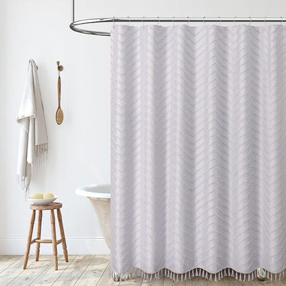 Dynamene Extra Long Shower Curtains, 84 Inch Long Boho Tufted Chevron Striped Fabric Shower Curtains for Bathroom, Tall Minimalist Chic Waterproof Cloth Shower Curtain Set with Hook, Lavender, 72x84