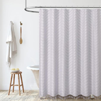 Long Boho Farmhouse Shower Curtain Tufted Chevron 72x78 Laverder | 78 Inch Tall, Elegant Tassel, Lightweight Textured Fabric, Water Repellent, Washable, Hotel Spa, for Bathroom/Dorm 12 Hooks