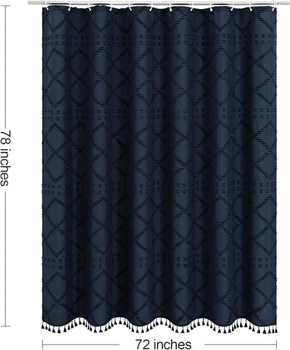 Boho Navy Blue Woven Fabric Shower Curtain with Tassel 72 x 78 Modern Farmhouse Minimalist, Bohemia Tufted Chevron Striped Chic Textured, Blue Waterproof Curtain for Bathroom, Hotel Decor