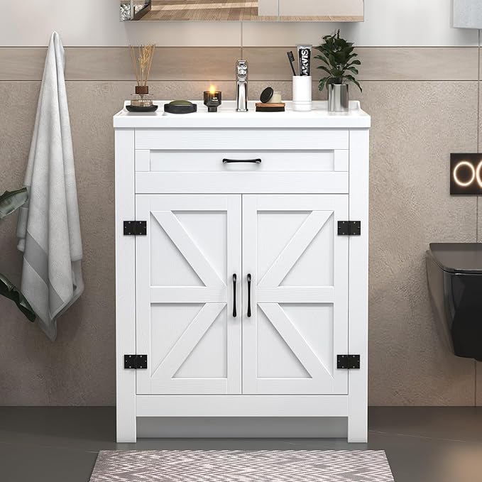 23.1inch Bathroom Sink Vanity Combo, Small Freestanding Single Bath Vanity Sink Set with 2 Doors, Single Basin Bathroom Storage Cabinet, White