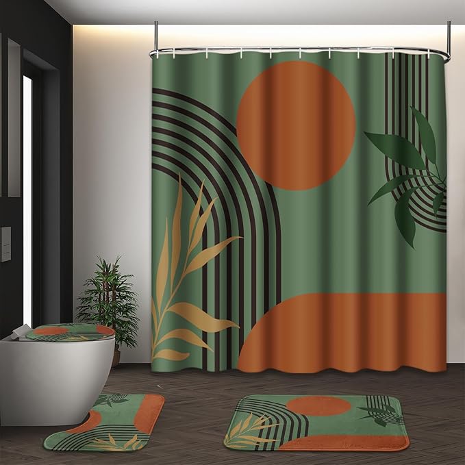 Bathroom Sets with Shower Curtain and Rugs, Boho 4 Pcs Mid | Century Modern Minimalist Bathroom Decor Set with Toilet Lid Cover, Non-Slip Bath Mats and Accessories 12 Hooks