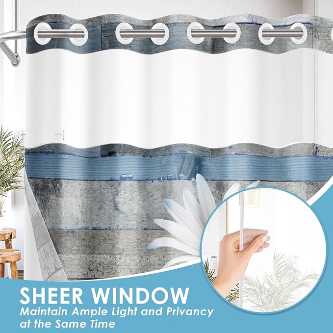 No Hook Shower Curtain with Snap in Liner 71x86 Inch Floral Blue | Farmhouse Rustic Butterfly Modern Double Layers Waterproof Fabric with See Through Top Window Open Grommet Bath Curtain