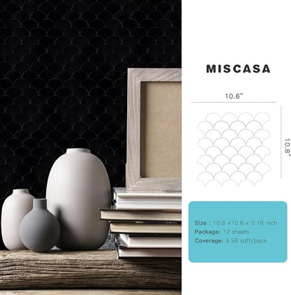 Fish Scale Black Peel and Stick Backsplash Tile, Fan Mosaic Self Adhesive Wall Tiles for Kitchen Bathroom-12 Sheet