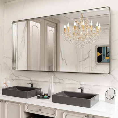 LOAAO 72X32 Inch Brushed Nickel Bathroom Mirror | Rounded Rectangle, Silver Metal Frame, Anti-Rust, Tempered Glass, Hangs Horizontally or Vertically