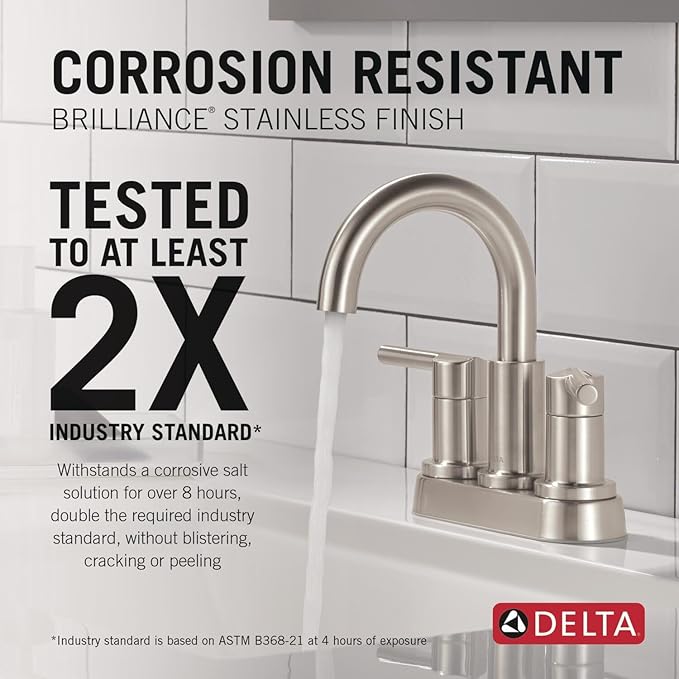 Delta Nicoli Centerset Brushed Nickel Bathroom Faucet with Sprayer, 4 Inch 3 Hole Bathroom Sink Faucet with Pull Out Sprayer, Push-Pop Drain, Stainless 25849LF-SS