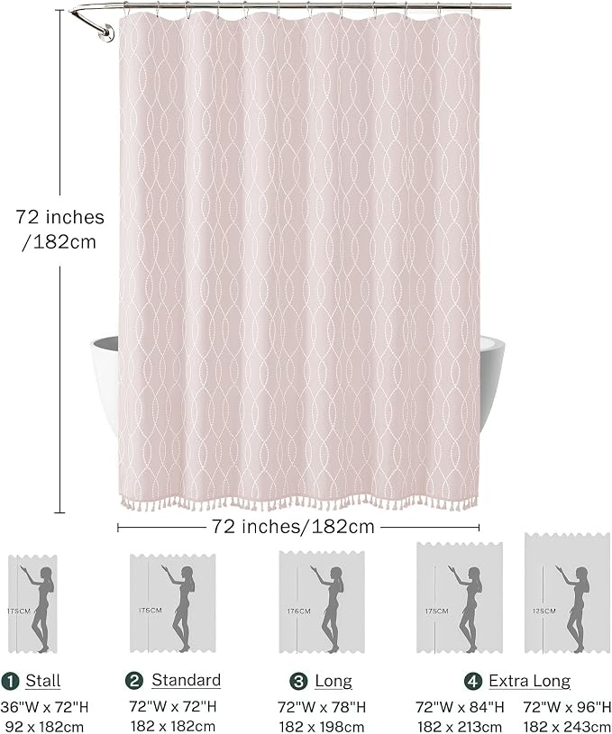 OVZME Pink Shower Curtain for Bathroom, Puff Printed Textured Shower Curtain with Tassels, Rustic Geometry Heavy Duty Vintage Country Bathroom Curtain, Water Resistant Fabric, 72Wx72L Inches