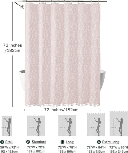 OVZME Pink Shower Curtain for Bathroom, Puff Printed Textured Shower Curtain with Tassels, Rustic Geometry Heavy Duty Vintage Country Bathroom Curtain, Water Resistant Fabric, 72Wx72L Inches