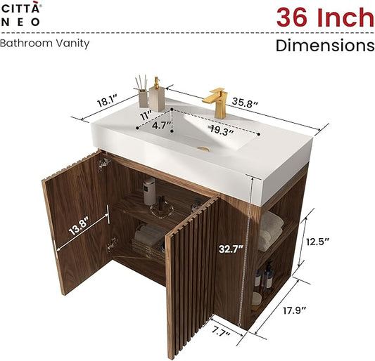 36" Bathroom Vanity with Sink, Freestanding Single Sink Bathroom Vanity with White Engineered Stone Top & Open Side Storage, Soft-Closing Doors with Adjustable Shelf, Walnut