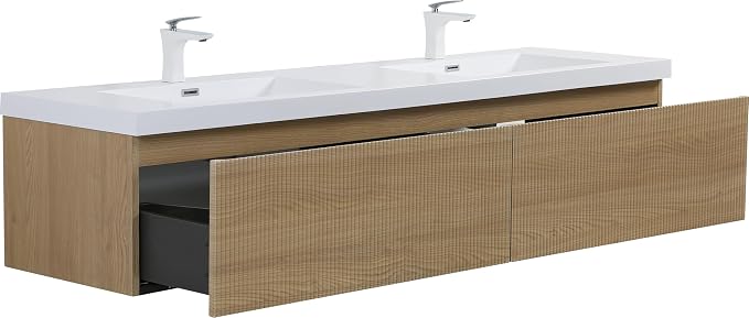72 Inch Floating Bathroom Vanity with Double Sink, Modern Oak Wall Mounted Floating Vanity with Glossy Resin Sink and 2 Soft Closing Drawers, Fully Pre Assembled Bathroom Vanity, Natural Oak