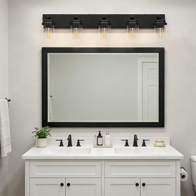 Black Bathroom Light Fixtures, 5 Lights Bathroom Lighting Fixtures Over Mirror, Square Design & Rectangle Large Backplate, Modern Vanity Lighting Fixtures, for Bathroom/Living Room/Bedroom