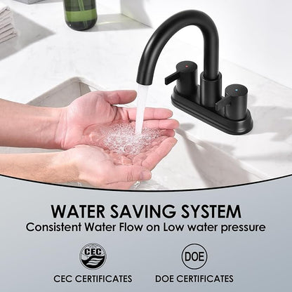 Two Handle 4 inch Black Bathroom Faucet, Bathroom Sink Faucet for 3 Holes with Pop-up Drain and 2 Supply Hoses, Lead-Free