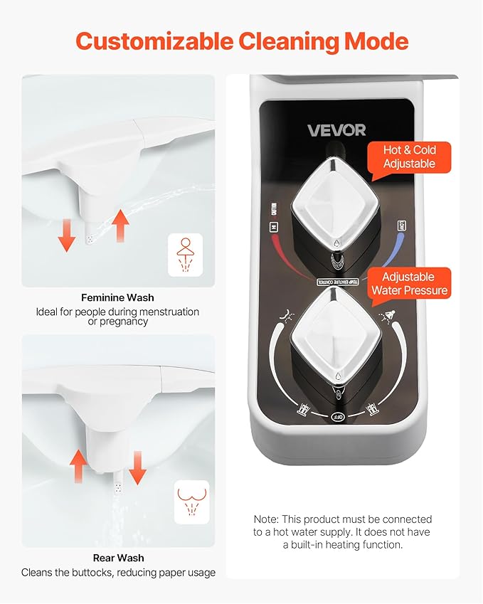 VEVOR Bidet Attachment for Toilet, Hot & Cold Non-Electric Water Sprayer - Dual Retractable Nozzles, Adjustable Water Pressure, 0.3’’ Ultra Thin Bidet Toilet Seat Attachment for Rear and Feminine Wash