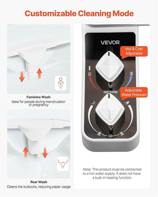 VEVOR Bidet Attachment for Toilet, Hot & Cold Non-Electric Water Sprayer - Dual Retractable Nozzles, Adjustable Water Pressure, 0.3’’ Ultra Thin Bidet Toilet Seat Attachment for Rear and Feminine Wash