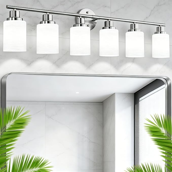 6-Light Brushed Nickel Vanity Lights for Mirror, Bathroom Light Fixtures with Textured Milky White Glass Shade, Modern Kitchen Light Fixtures Wall Sconce Light - E26 Base