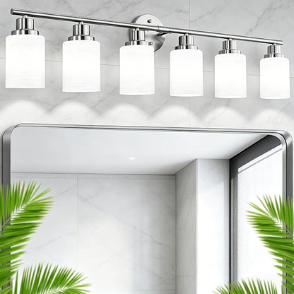 6-Light Brushed Nickel Vanity Lights for Mirror, Bathroom Light Fixtures with Textured Milky White Glass Shade, Modern Kitchen Light Fixtures Wall Sconce Light - E26 Base