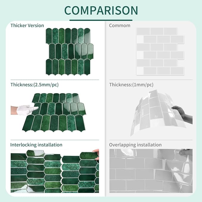 10-Sheet Upgraded Thicker Peel and Stick Kitchen Backsplash Tiles | Waterproof Self-Adhesive Vinyl Wall Tile Stick on Backsplash for Kitchen,Bathroom,Fireplace and RV(Forest Green,12"×12")