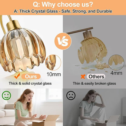 Bathroom Light Fixtures, 2-Light Brushed Gold Vanity Lights for Bathroom with Ribbed Amber Tulip Glass Shade, Vanity Lights Over Mirror for Bedroom, Living Room, Hallway