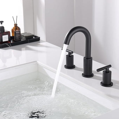 ChiLDano Black Faucets for Bathroom Sink, 3 Hole Bathroom Faucet with Drain | 2 Handles Widespread Bathroom Faucet for Sink, 8 in Spread Black Sink Faucets Bathroom with Swivel Spout