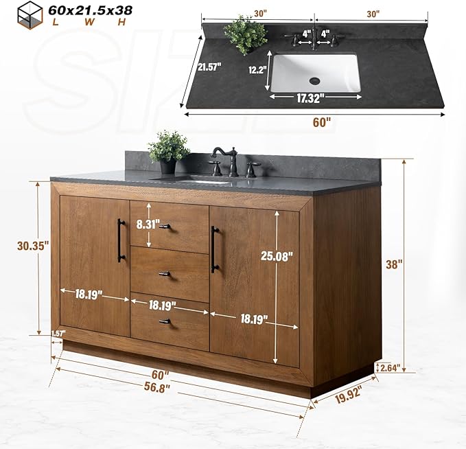 HOMEBEYOND 60" Bathroom Vanity with Single Sink & Ceramic Top, MDF Material Vanity Cabinet with Basin Combo, Soft-Closing Doors, Removable Shelf, Backsplash, Tan
