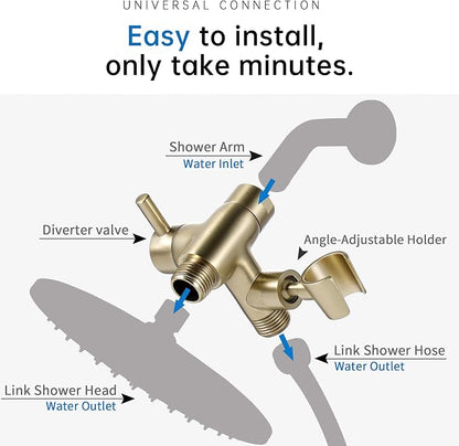 G-Promise Solid Metal Shower Head Diverter with Holder 3-Way | Spray Separately or Both, Adjustable-Angle Bracket, Anti-Leak, Smooth Knob Switch, Easy Install, Universal Replacement Part