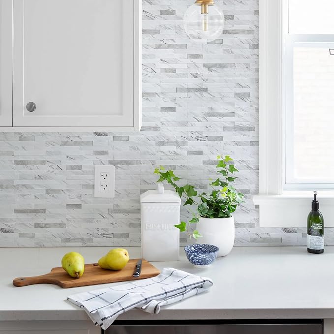 STICKGOO Peel and Stick Backsplash Tile, Stick on Backsplash for Kitchen and Bathroom, Volakas White Look PVC Mixed Metal Silver Self Adhesive Wall Tiles(Sample)