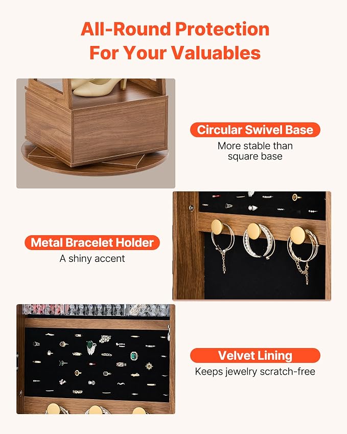 VEVOR 360° Swivel Jewelry Cabinet, 65.1-inch Tall, Full-Length Mirror with Storage, Standing Rotatable Jewelry Armoire Organizer, Lockable with 2 Keys, Accessory Pouches, Storage Shelves and Drawer
