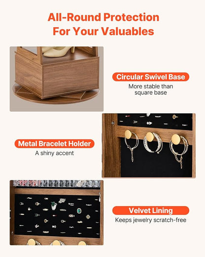 VEVOR 360° Swivel Jewelry Cabinet, 65.1-inch Tall, Full-Length Mirror with Storage, Standing Rotatable Jewelry Armoire Organizer, Lockable with 2 Keys, Accessory Pouches, Storage Shelves and Drawer