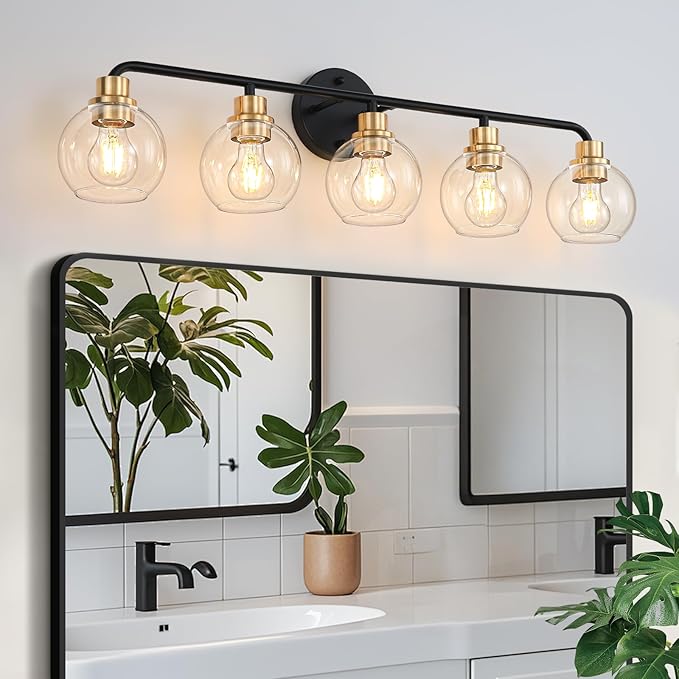 5 Light Bathroom Vanity Light, Black and Gold Bathroom Light Fixtures | with Clear Glass Shade Modern Wall Sconces Lighting Bath Wall Lights Lamp for Mirror Kitchen Living Room Bedroom Hallway