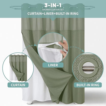 No Hook Waffle Shower Curtain with Snap-in Liner, 71x80 Inch, Sage Green | 230 GSM waffle weave fabric, waterproof liner set with 2 bottom magnets, mesh top window, washable, for bathroom or hotel use