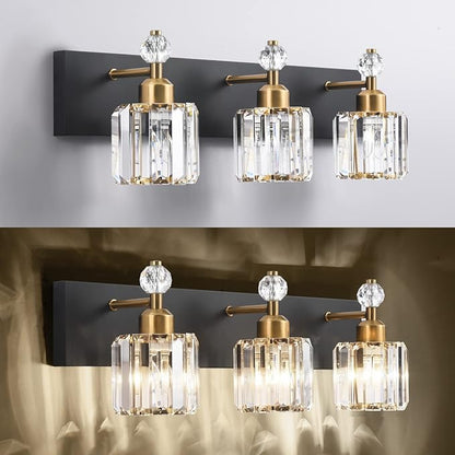 PRESDE Crystal 3 Light Bathroom Vanity Lights Black and Gold Bathroom Lights Fixtures Over Mirror Modern Bath Wall Lighting