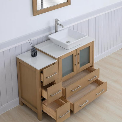 Vanity Art 42 Inch Vessel Single Sink Bathroom Vanity Cabinet with 1 Mirror, Engineered Marble Top Bathroom Cabinet Compact Set with 5 Dovetail Drawers and Soft Closing Doors, VA3130-42NO