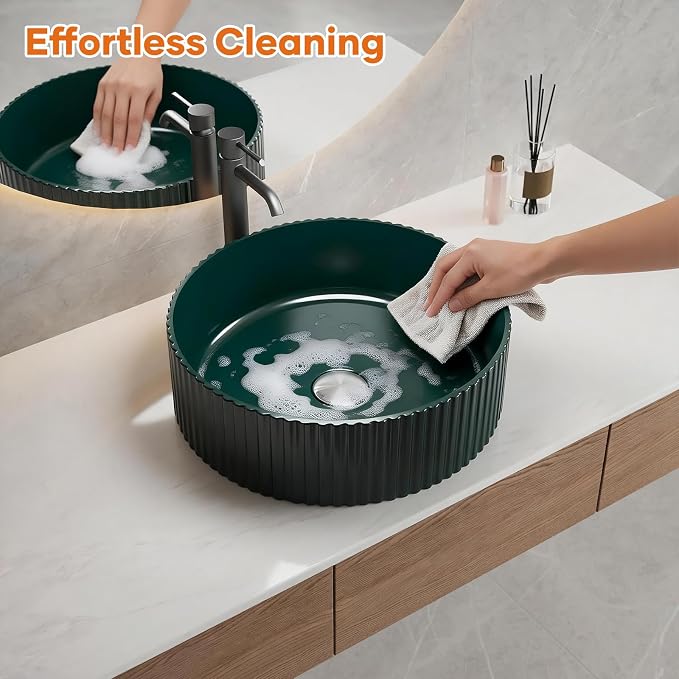 15.7" Dark Green Round Fluted Ceramic Vessel Sink | Modern Minimalist Fluted Design, Durable Premium Ceramic, Smooth Glaze Easy To Clean, Deep Basin Prevents Water Splashes