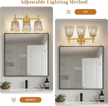 Crystal Bathroom Light Fixtures Over Mirror, Gold 3-Light Bathroom Vanity Lights Over Mirror Modern Wall Lighting Sconces with Ceramic E26 Base (Bulbs Not Include)