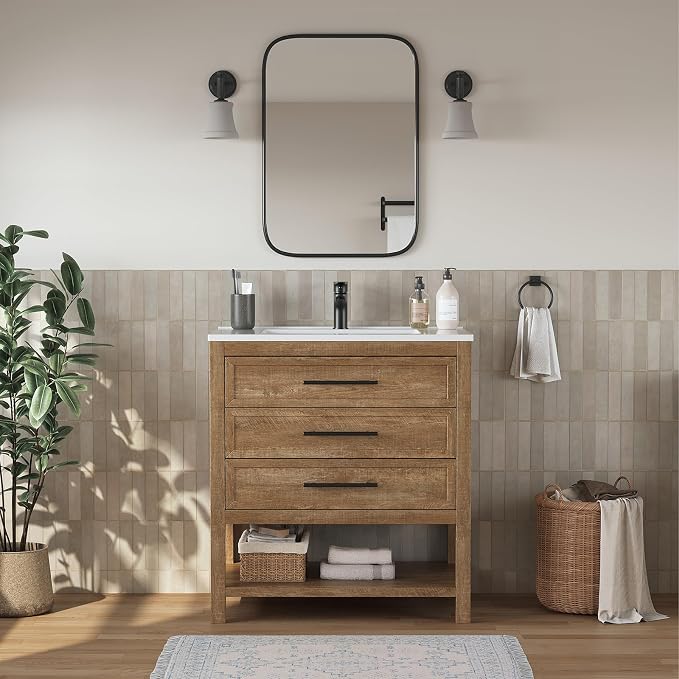 30 Inch Bathroom Vanity with Sink, Rustic Brown | Farmhouse Vanity Cabinet with durable SMC Resin Countertop, three soft-close full-extension drawers, and easy assembly
