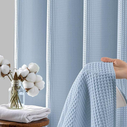 River Dream Cotton Blend Shower Curtain Set with Liner, Misty Blue, 71x74 | Waffle Weave, No Hook Needed, with Snap in Replacement Liner, Top Sheer Window, Hotel Quality Fabric for Bathroom