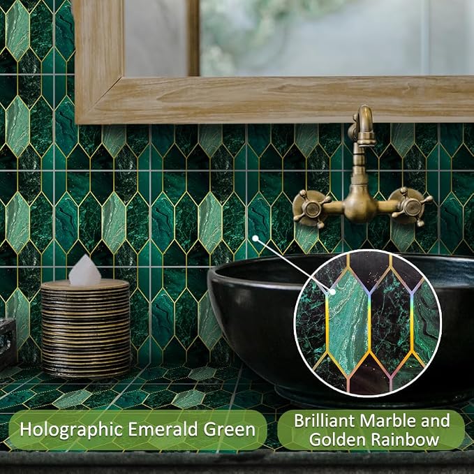 funlife Holographic Emerald Art Deco Peel and Stick Backsplash Self-Adhesive PVC Wall Tiles Easy DIY with Tools for Kitchen Bathroom and Laundry Room 5.9"x5.9"x50-Sheet Hex Emerald