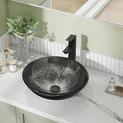 Bathroom Artistic Vessel Sink, Tempered Glass Vanity Round Bowl, Black | Black Faucet, Pop Up Drain, Above Counter, Easy Clean