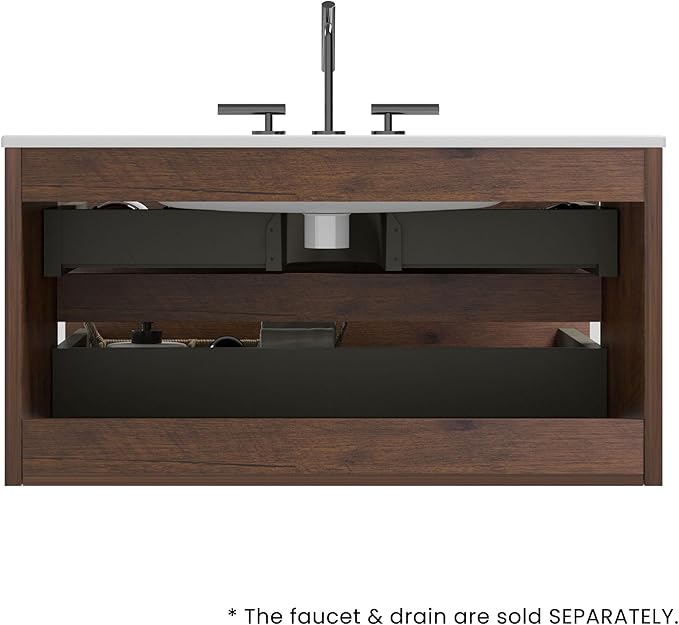 36" Bathroom Vanity with Sink, Modern Floating Vanity with Double Soft Closing Drawers, Large Storage for Small Space, Walnut, Fully Assembled - Iris Collection