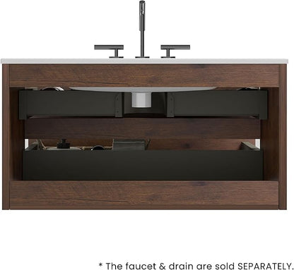 36" Bathroom Vanity with Sink, Modern Floating Vanity with Double Soft Closing Drawers, Large Storage for Small Space, Walnut, Fully Assembled - Iris Collection