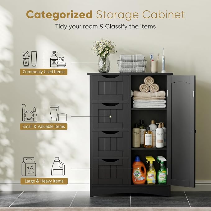 SUPER DEAL Bathroom Storage Cabinet with 4 Drawers and 1 Cupboard, Entryway Home Decor Furniture Towels Storage Organizer Unit, Black