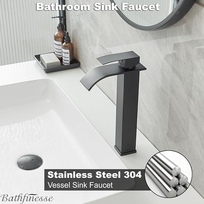 Vessel Sink Faucet Black Waterfall Bathroom Faucet with Drain Assembly | Stainless Steel,Single Handle One Hole,Deck Mount,Modern Bowl Sink Faucet,with 3/8" Supply Hose,Lead-Free by Bathfinesse
