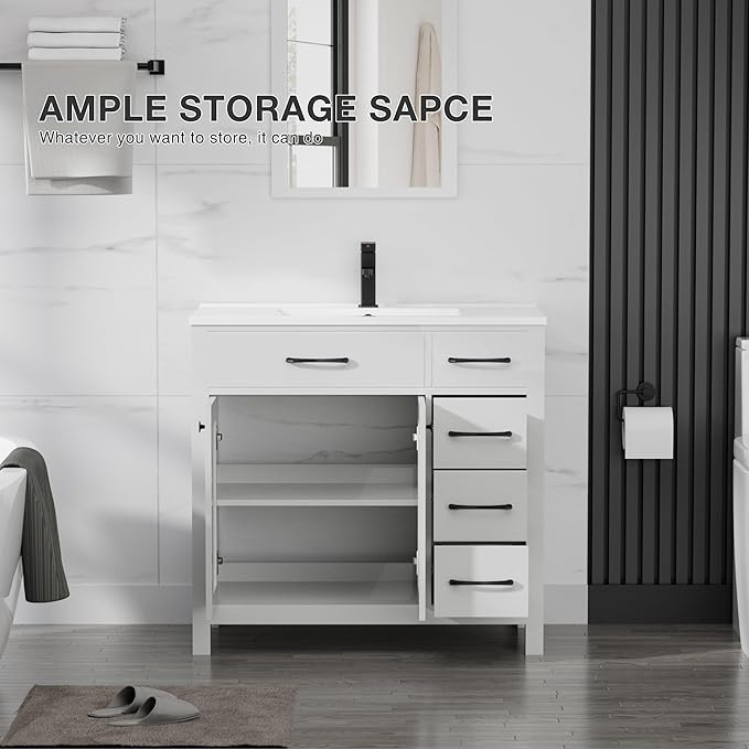 LUCKWIND 36" Bathroom Vanity with Sink Combo, Painted Modern Bathroom Storage Cabinet with Large Sink, Two Doors and Three Drawers, Include Faucet Without Mirror, White