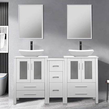 UEV 60" Double Sink Bathroom Vanity,White Bathroom Vanity with Double Side Vanity Cabinets & Removable 3 Drawer Storage Cabinet,Modern Vessel Sink Combo,Mirror Not Included(032WH)