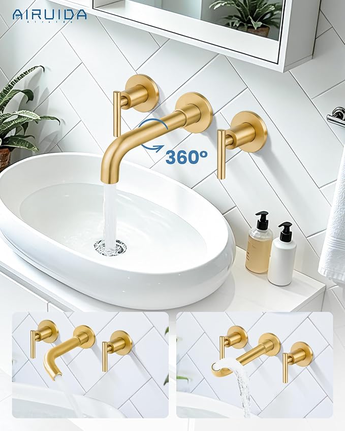 Airuida Wall Mounted Bathroom Sink Faucet,Brushed Gold Vanity Sink Faucet | Lever Handle,3 Holes,360° Widespread Swivel Spout,Rotatable Bathroom Faucet