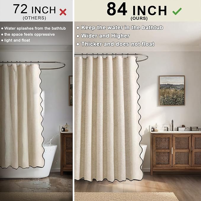 Scalloped Shower Curtain Linen Boho Beige 72" W x 84" L | Linen Fabric, Black Border, Washable, Heavy Duty Cloth, Shower Curtain for Boho Farmhouse Bathroom Bathtub