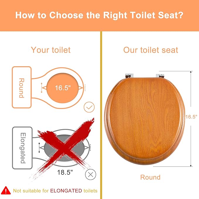 Angel Shield Durable Wood Veneer Natural Toilet Seat Metal Hinged Easy Clean Anti-scratch American Standard(Round,Wood Color)