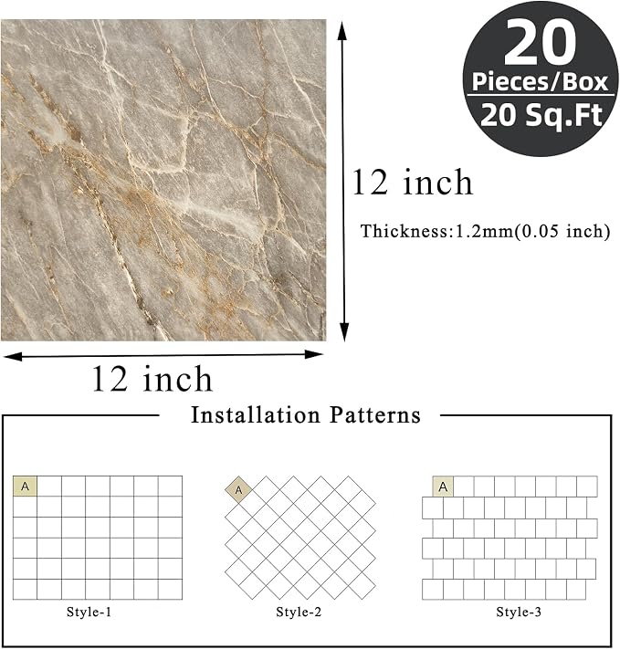 Peel and Stick Floor Tile 12 x 12 Inch Self Adhesive Marble Vinyl Flooring | waterproof and removable sticker tiles, 20-pack covers 20 Sq. Ft, DIY tiles for bedroom, bathroom, kitchen and dining room