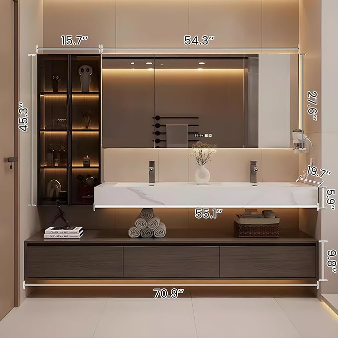 Bathroom Vanity, Floating Bathroom Sink Vanity, Modern Bathroom Vanities with Smart Defogging LED Mirror & Glass Side Cabinet, Wall Mounted Vanities for Restroom, Solid Wood (72in)